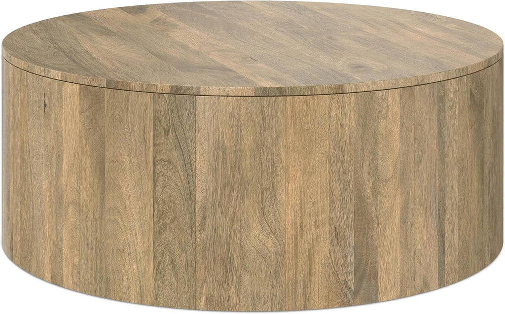 SIMPLIHOME Millbury Drum Coffee Table - 36 inch Wide Solid Mango Wood Round Living Room Table in Briarsmoke, Contemporary Cocktail Table for Family Room or Lounge with Large Surface, Assembled