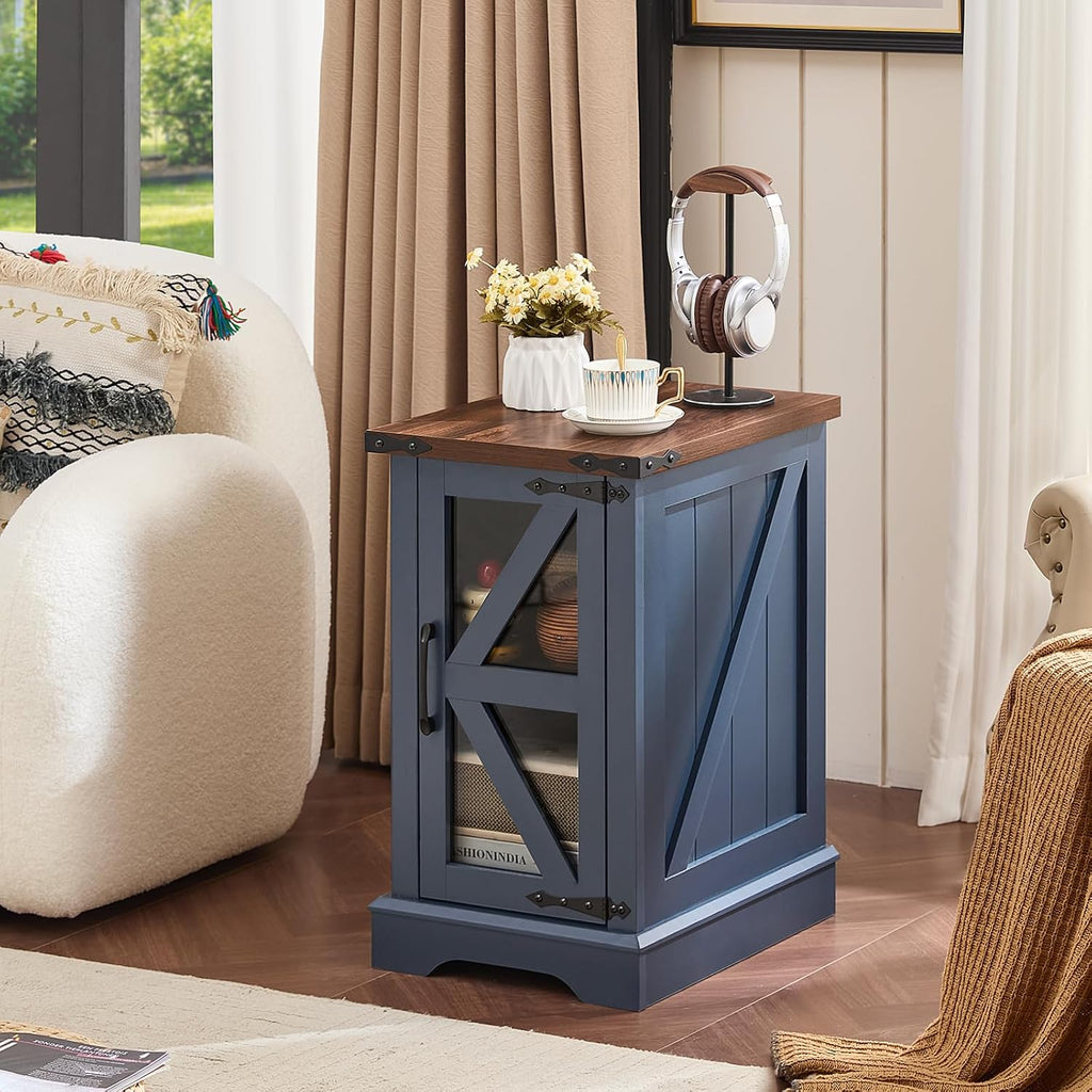 Joaxswe Farmhouse Coffee Table Set of 3, Narrow NightStands with Glass Barn Door Storage, Large Coffee Tables with Hidden Storage Organizer, Furniture Sets for Office, Living Room, Blue