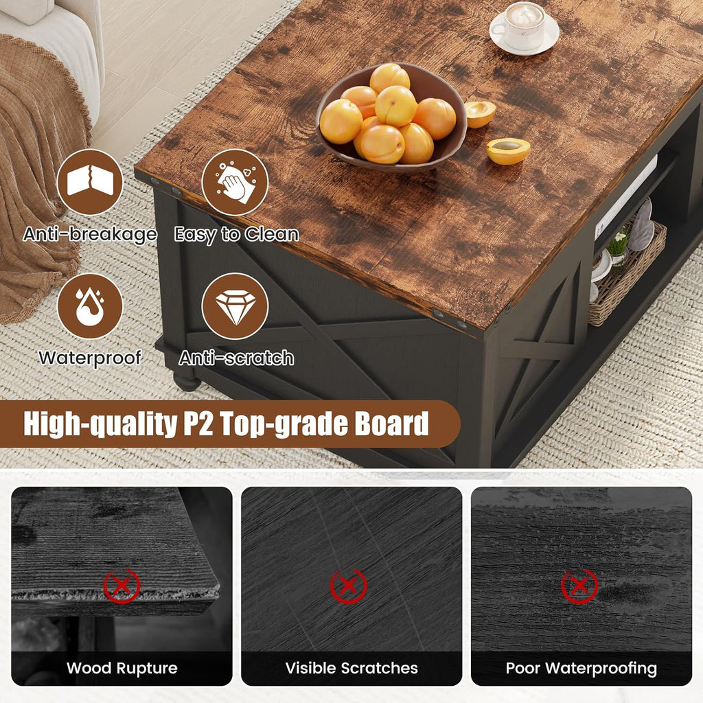 ALLSTAND 48' Farmhouse Lift Top Coffee Table with Storage Sliding Barn Door & Large Hidden Compartment, Coffee Table with Lifting Top with Wooden Lift Tabletop, Coffee Tables for Living Room, Black