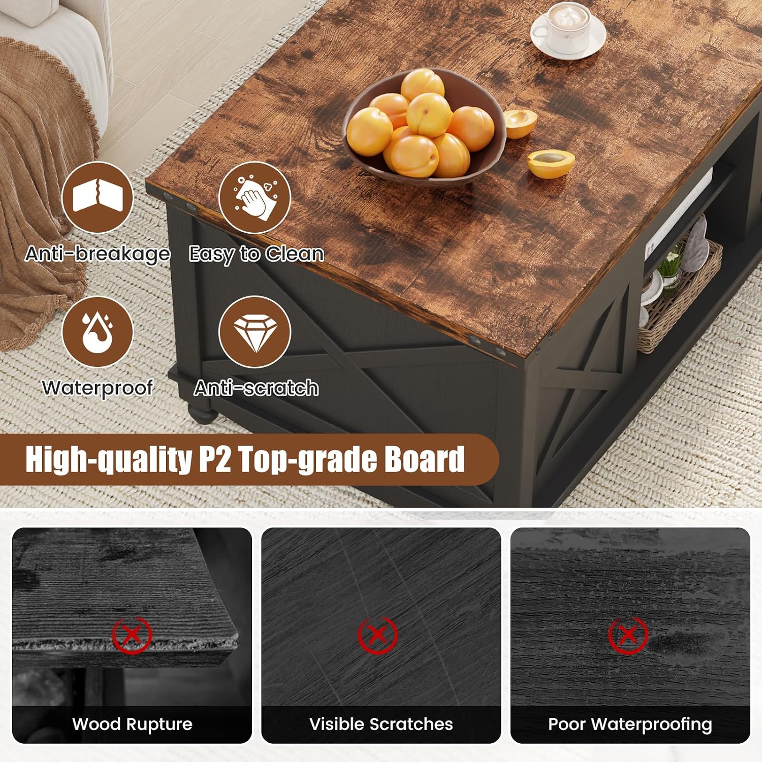 ALLSTAND 48' Farmhouse Lift Top Coffee Table with Storage Sliding Barn Door & Large Hidden Compartment, Coffee Table with Lifting Top with Wooden Lift Tabletop, Coffee Tables for Living Room, Black