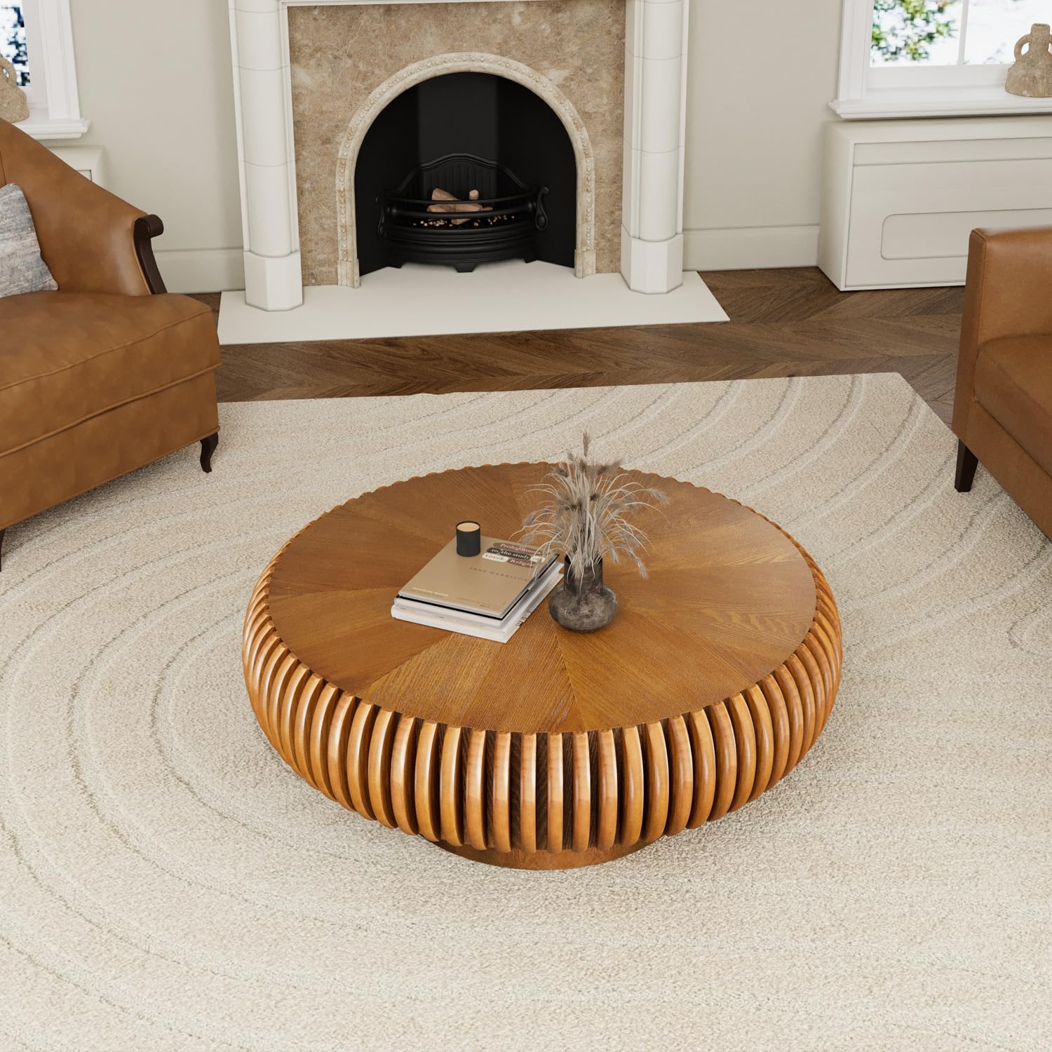 31.5' Drum Coffee Table Modern Unique Fluted Tea Table Contemporary Wood Round Coffee Table with Fluted Centry Table for Living Room Walnut (31.5' Brown)