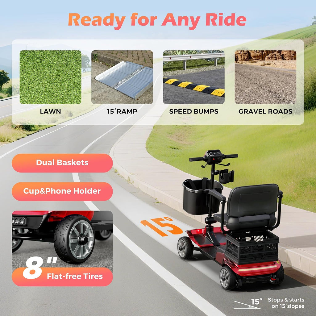 Mobility Scooter for Adults & Seniors with Removable Battery, Cruise & Airport Approved, Foldable Motorized Scooters with Dual Basket, Phone & Cup Holder, Red