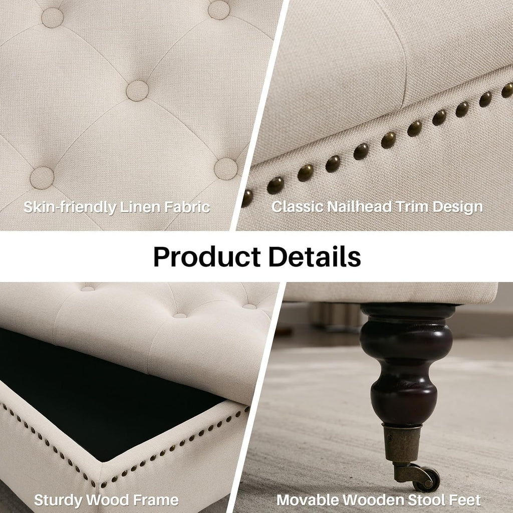 4-in-1 Square Storage Ottoman Bench with Rolling Wheels,Large Ottoman with Storage,Upholstered Coffee Table for Living Room/Bedroom,Beige