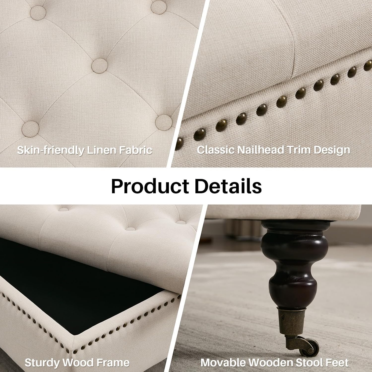 4-in-1 Square Storage Ottoman Bench with Rolling Wheels,Large Ottoman with Storage,Upholstered Coffee Table for Living Room/Bedroom,Beige