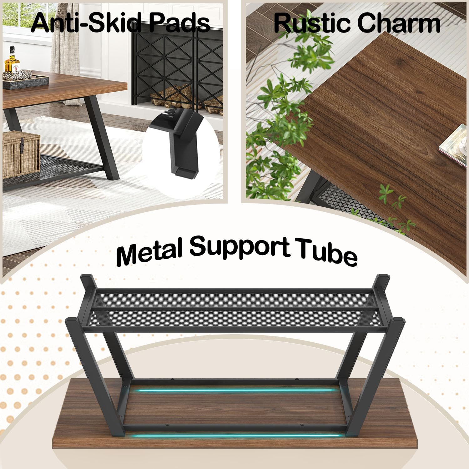 FOLUBAN Modern Coffee Tables for Lliving Room, Retro Wood and Metal Coffee Table with Storage, 2-Tier Industrial Rectangle Cocktail Tea Table, Walnut, 47 Inch