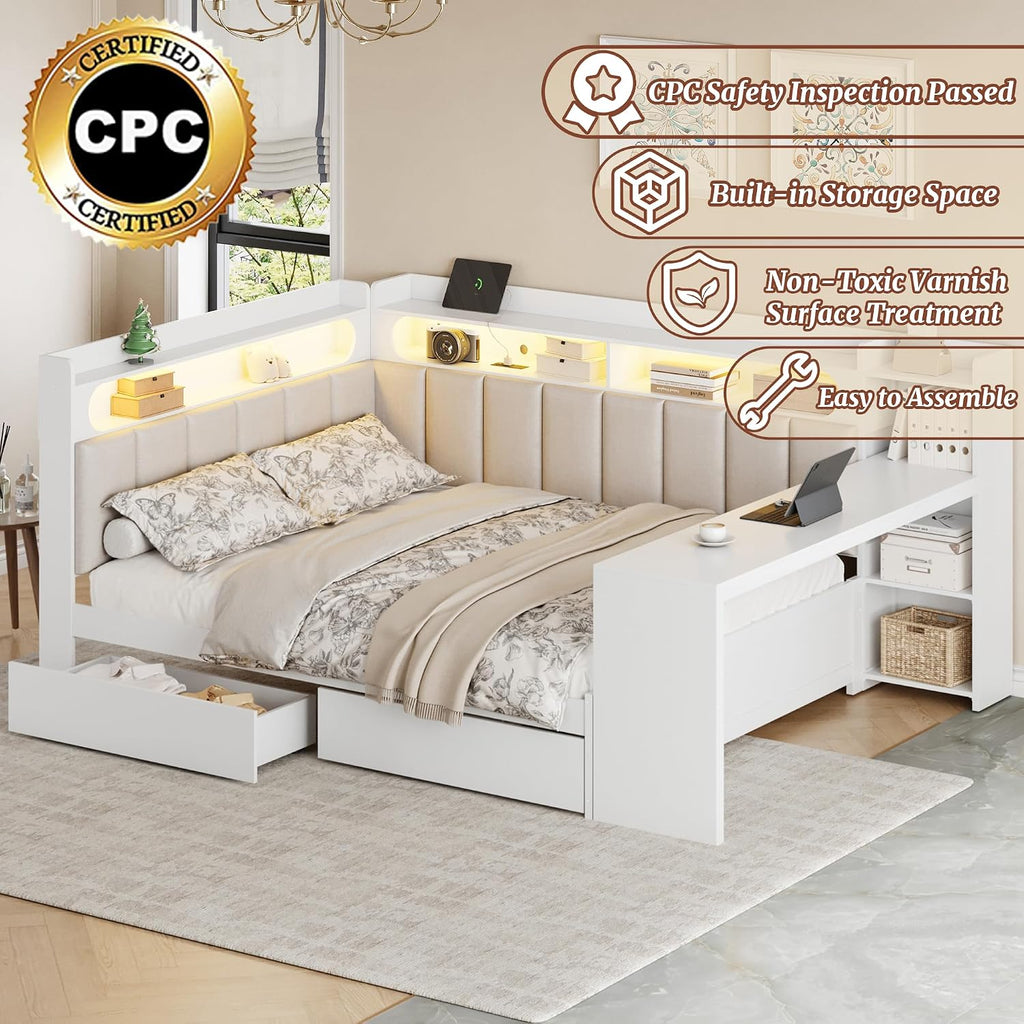 Full Size Corner Bed Frame, Full Size Daybed with Storage Shelves & Storage Drawers, Wood Corner Bed with Charging Station & LED Light, Desk & Upholstered Headboard and Backrest, White