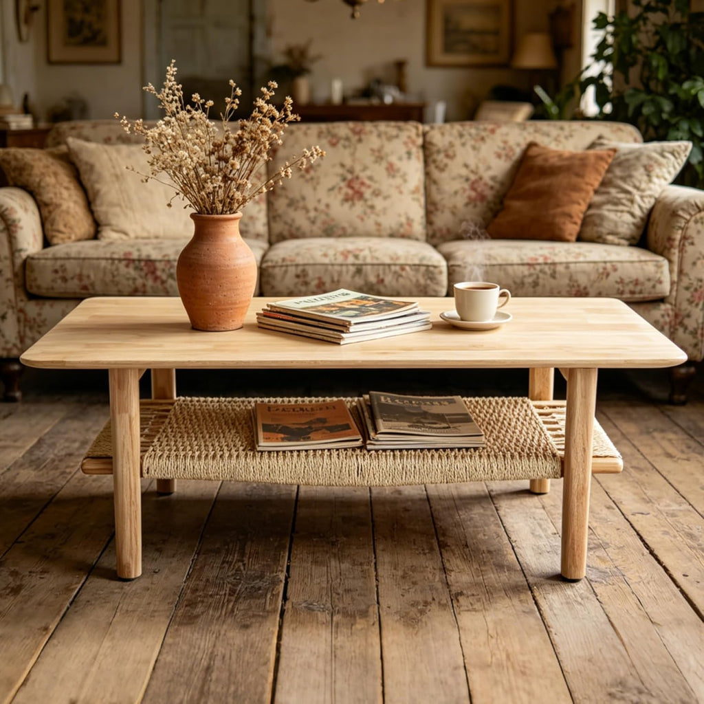 Farmhouse Coffee Table for Living Room 2-Tier Coffee Table with Natural Rattan Storage Shelf Large Rectangular Center Table for Living Room Reception, Natural Color