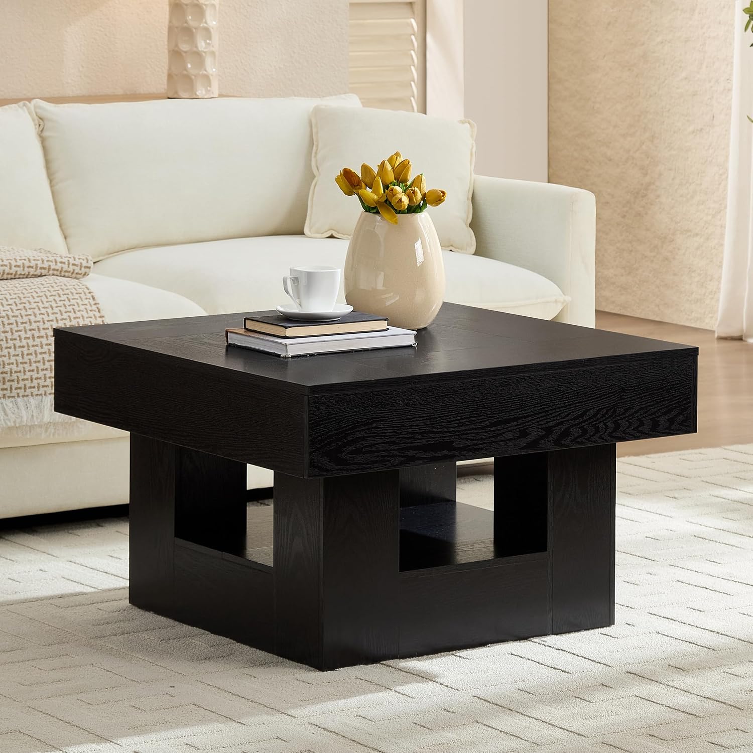 OKYCI Modern Coffee Table for Living Room, Wood Living Room Table with Sturdy Wooden Legs, Easy Assembly, 31.5' W x 31.5' D, Black