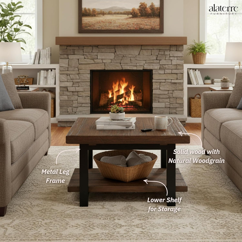 Pomona 27-Inch Square Solid Wood Coffee Table with Metal Legs – Modern Farmhouse Rustic Small Space Table by Alaterre Furniture (Rustic Brown)