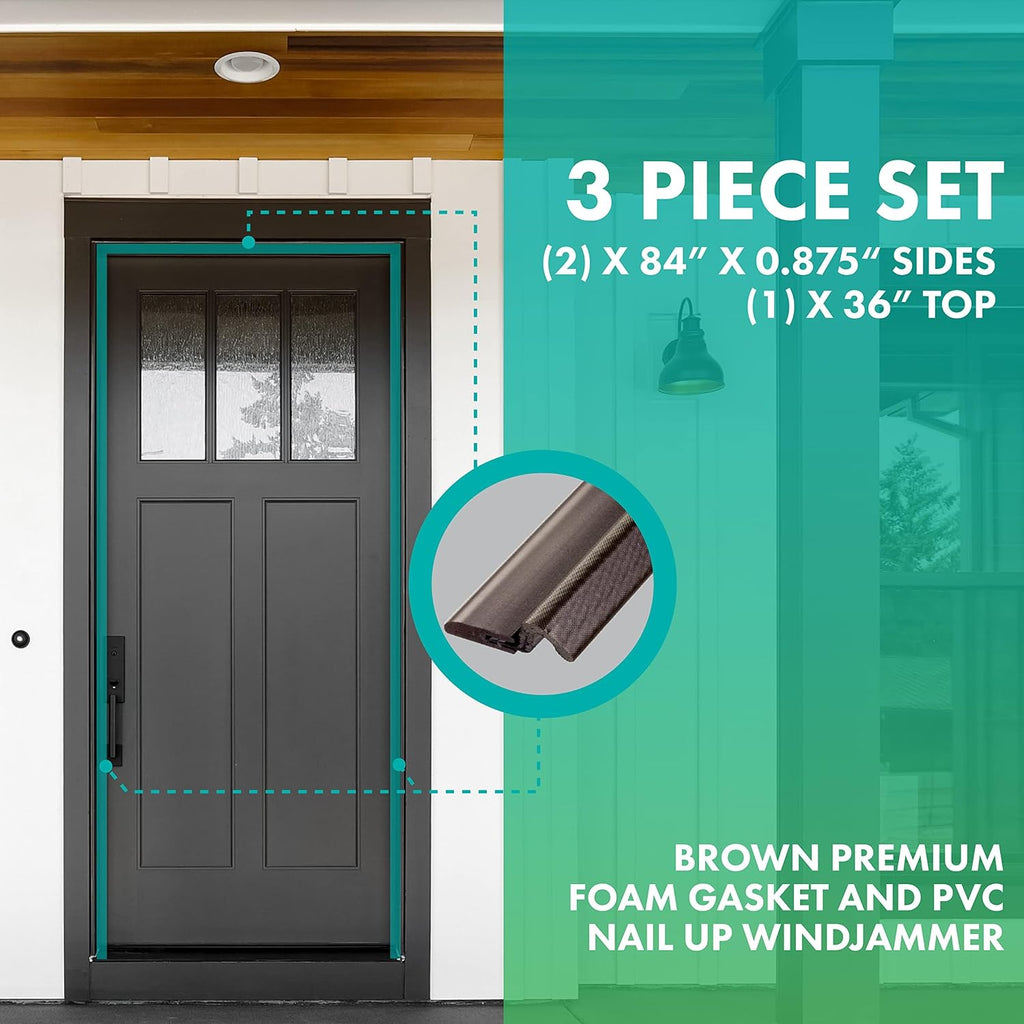 Simply Conserve Windjammer Nail-Up Set Door Weatherstripping with PVC Carrier and Foam Gasket in Brown DS060W-B | Paintable Door Draft Stopper for Sides and Top | Foam Weather Stripping Door Seal