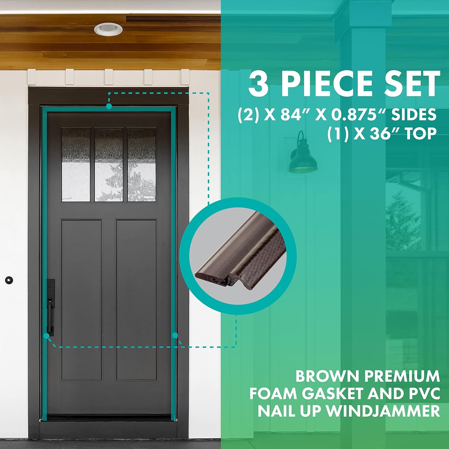 Simply Conserve Windjammer Nail-Up Set Door Weatherstripping with PVC Carrier and Foam Gasket in Brown DS060W-B | Paintable Door Draft Stopper for Sides and Top | Foam Weather Stripping Door Seal