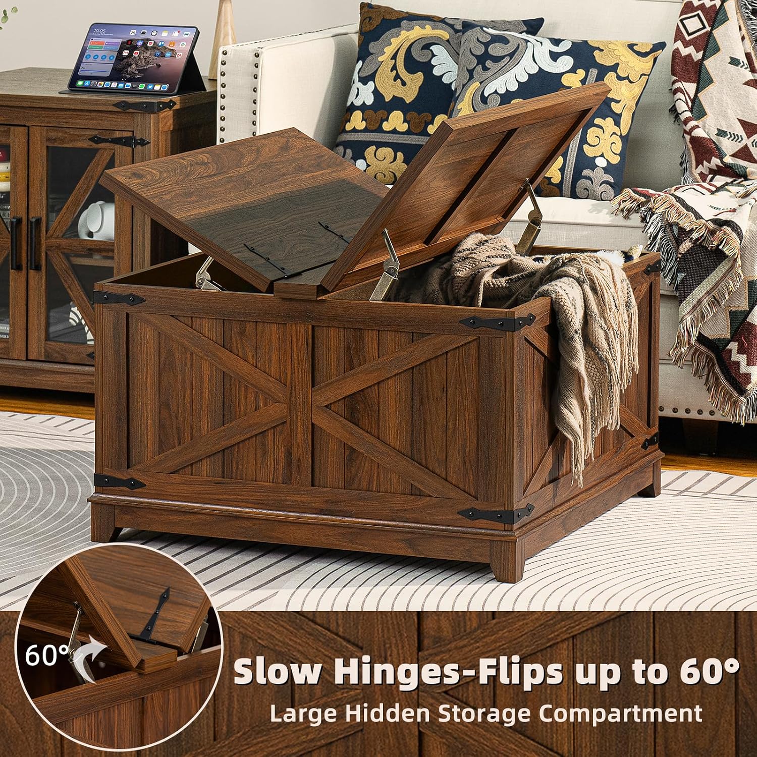 Joaxswe Farmhouse Coffee Table Sets 2 Pieces, Narrow Night Stand with Glass Barn Door Storage, Large Coffee Tables with Hidden Storage Organizer, Wood Furniture Sets for Living Room, Office, Brown
