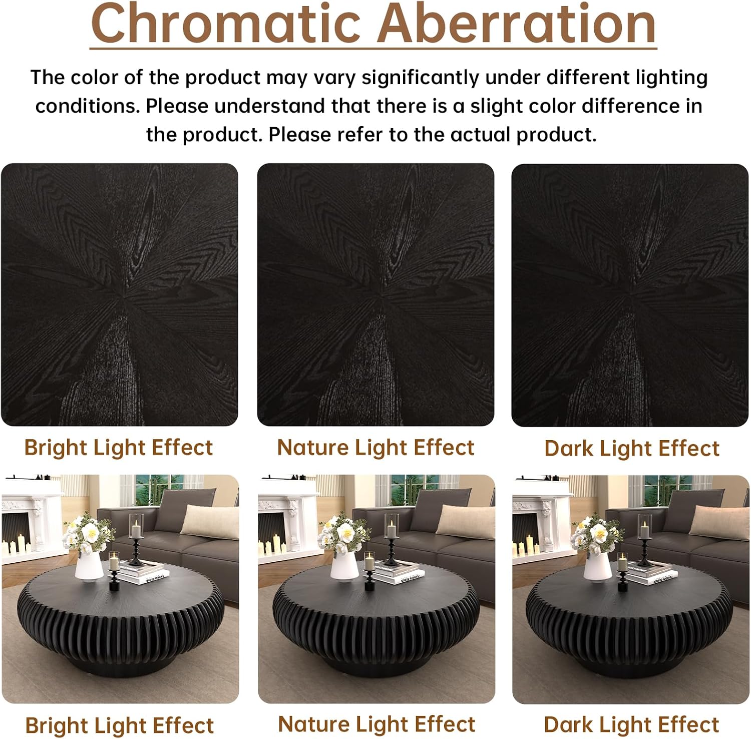 Round Coffee Table for Living Room Modern Black Fluted Coffee Table 31.4 inch Low Round Drum Coffee Tables for Living Room (Black, 31.4')