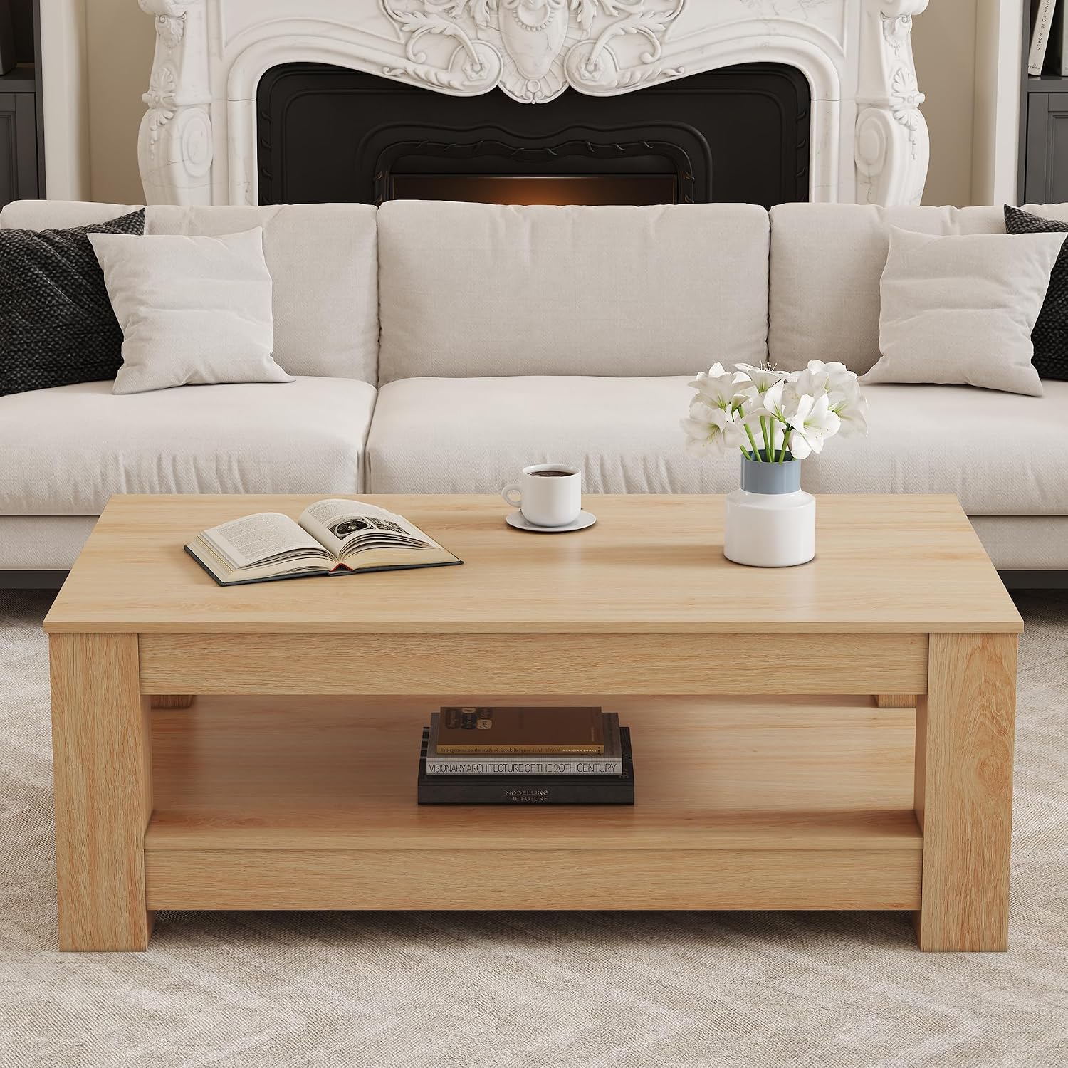 LKTART 43.3' Coffee Table with Storage, 2-Tier Mid Century Rectangular Accent Table with Thick Tabletop, Rustic Style Cocktail, Center Table for Living Room, Office, Apartment (Natural Wood)