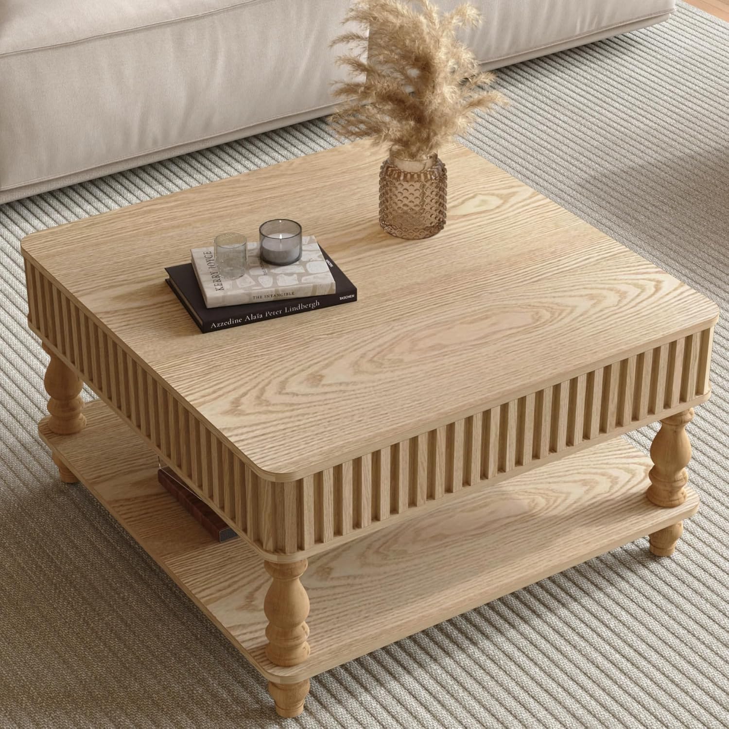 HARR Lift Top Square Coffee Table with Storage, 31.5'' Sofa Side End Table, Fluted Design Hydraulic Raising Mechanism, Hidden Compartment & Open Shelf, Retro Solid Wood Legs for Living Room, Natural