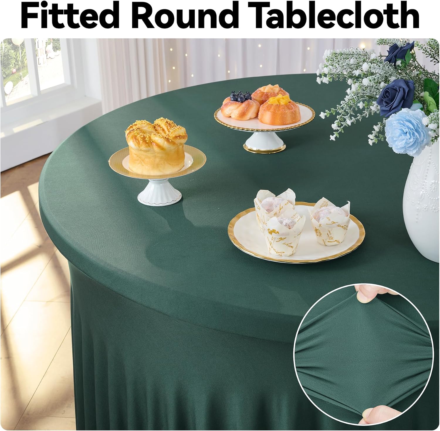 leegleri 6 Pack Spandex Hunter Green 72Inch Round Tablecloths, Stretchy 132inch Fitted 6FT Round Table Cloths, Wrinkle Free Table Cover with Skirt for Wedding Birthday Party Bridal Shower Banquet