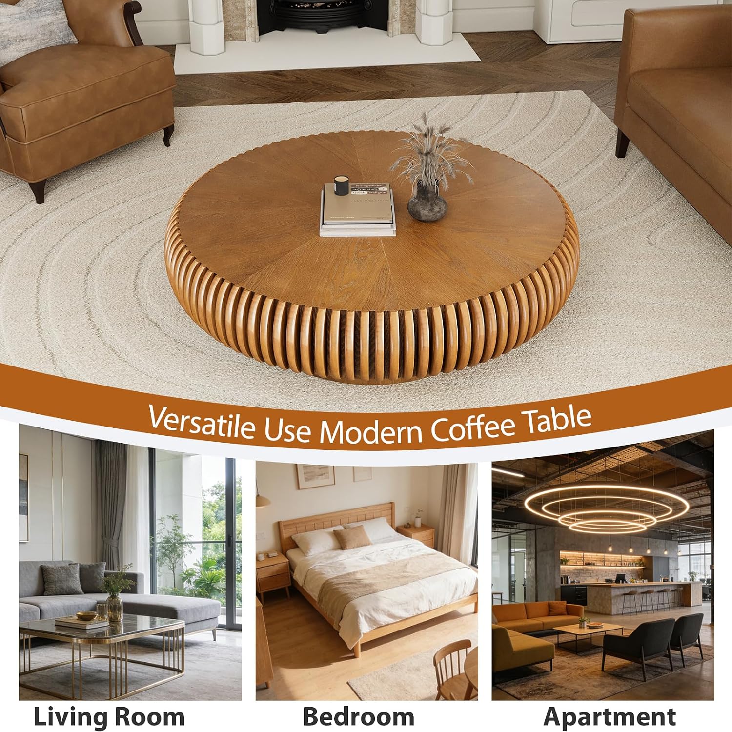 Round Drum Coffee Table with Sturdy Pedestal, Modern Wooden Fluted Coffee Table, Circle Center Table Accent Tea Table for Living Room Apartment Office Reception Room (Brown D39.4)
