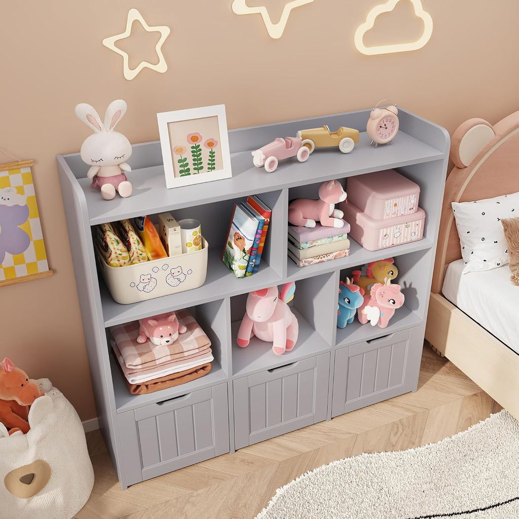 Gizoon Toy Storage Organizer with 3 Movable Drawers and 6 Open Shelves Kids Bookshelf Featuring Fall Prevention Barrier for Playroom Nursery Kids Room Organization, Gray, Painted