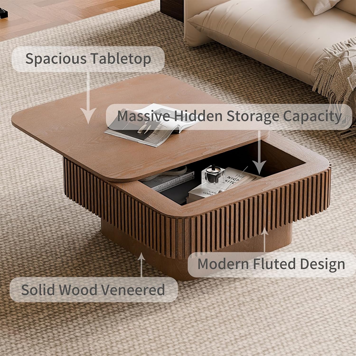 Square Coffee Table for Living Room,Fluted Drum Accent Tea Center Table with Storage,Solid Wood Modern Coffee Tables for Small Space Office Apartment (31.5' L×31.5''W×14''H-Walnut)