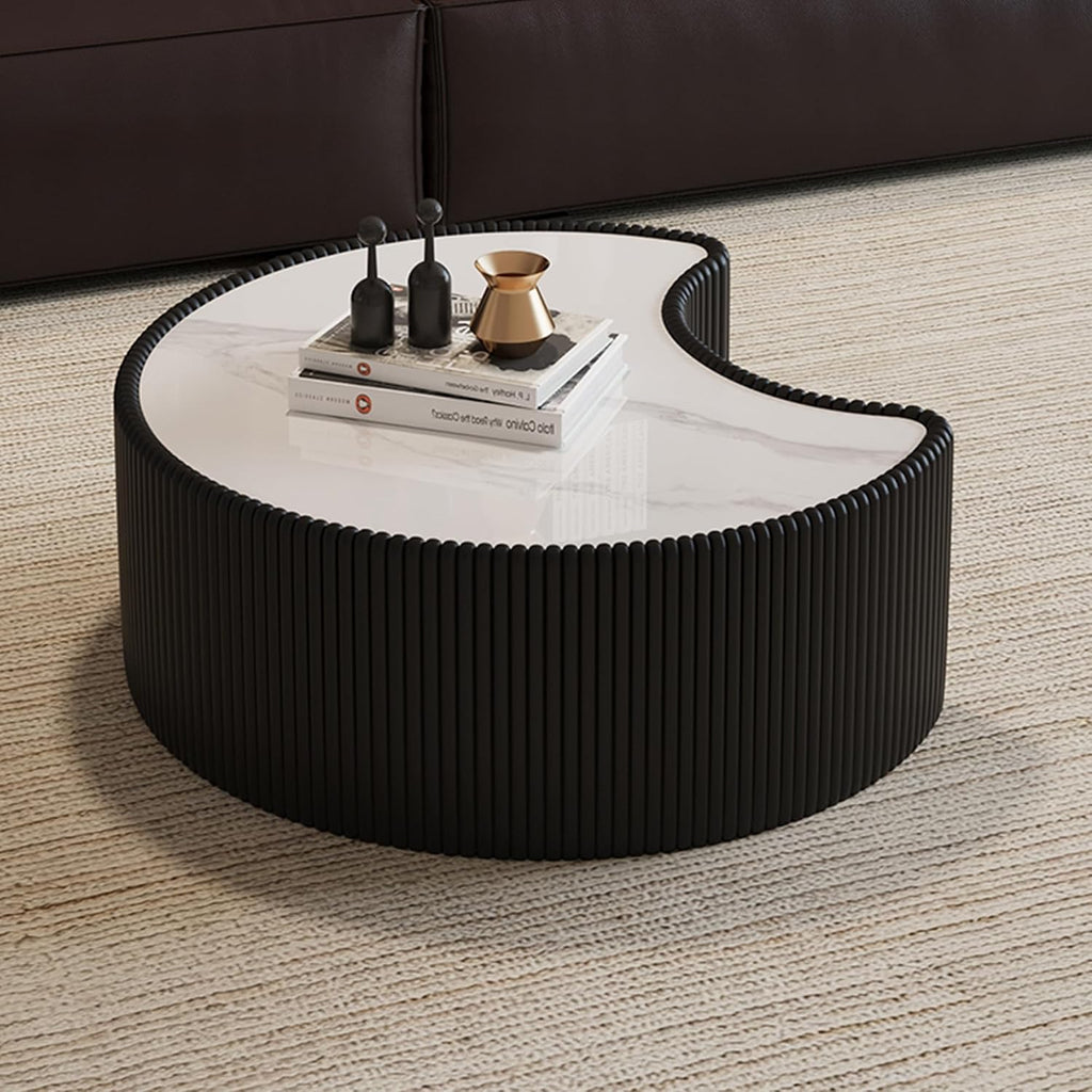 Black Round Coffee Table with Sintered Stone Tabletop, 29.53' Drum Coffee Table with Fluted PU Leather Covered and Stable Base, Circle Cocktail Tea Table for Living Room