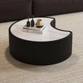 Black Round Coffee Table with Sintered Stone Tabletop, 29.53' Drum Coffee Table with Fluted PU Leather Covered and Stable Base, Circle Cocktail Tea Table for Living Room