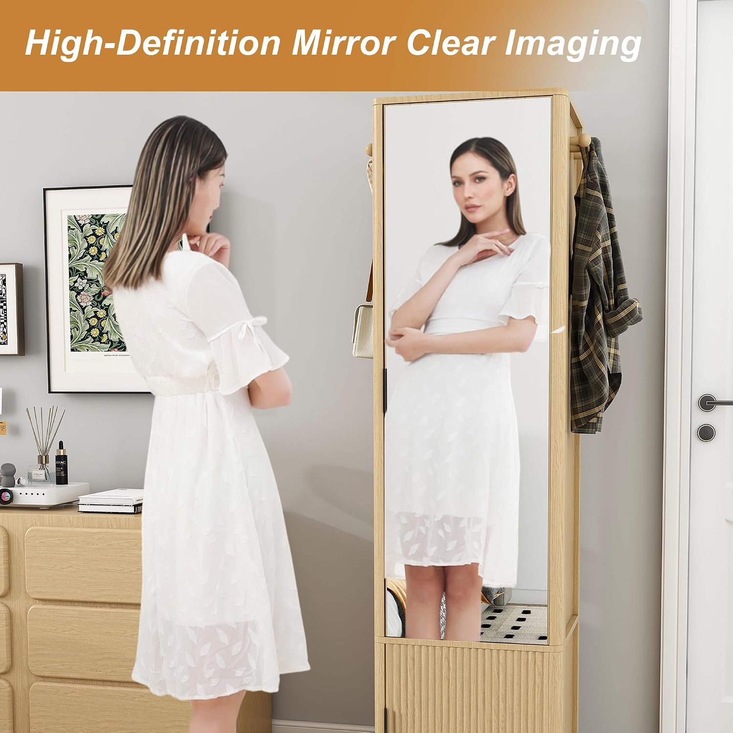 360° Rotating Makeup Storage Cabinet with Full-Length Mirror, Jewelry Armoire Organizer, Freestanding Bookshelf Tower, Coat Hook Stand, Hidden Shelves, Space-Saving Bedroom Furniture (Walnut)