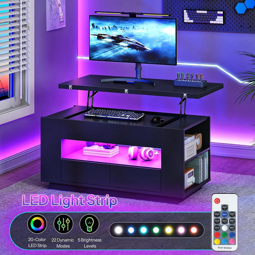 CHOEZON 40-Inch Lift Coffee Table with 2 Drawers, LED Lights and Storage, 4-in-1 Multi-Use Center Table with Floating Base, for Living Room, Black MKF03DBB