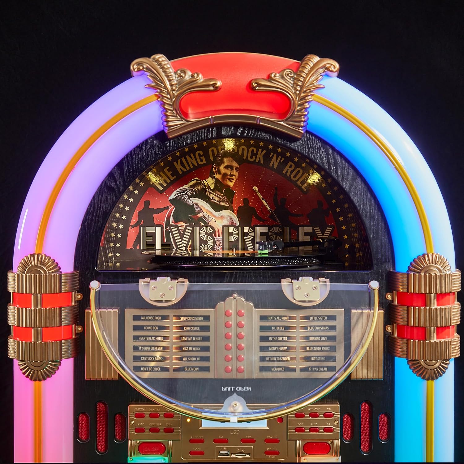Arkrocket x Elvis Presley Jukebox Saturn V Full Size Bluetooth Vinyl Record Jukebox CD Player Vintage Radio Retro Turntable Classic Jukebox with Black Stand (Elvis Saturn V + Stand - Black)