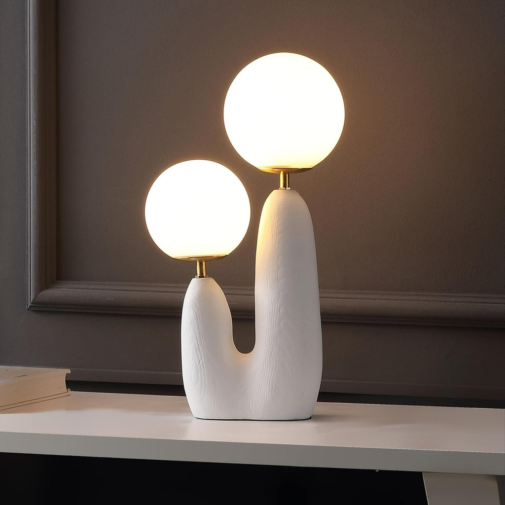 JONATHAN Y 17.75' White/Brass Gold Modern Bohemian Danish Cactus LED Table Lamp, 2-Light Mid-Century Minimalist Desk Light for Bedroom Living Room, Frosted Glass Globe Shades (JYL4065B)