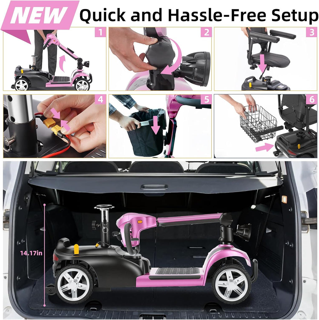 20 Miles 4 Wheels Mobility Scooter for Seniors/Adults Up to 300LBS,350W Electric Wheelchair Detachable Lithium Battery,Dual Baskets,Rotating Seat,with Taillight, USB Charging, Pink