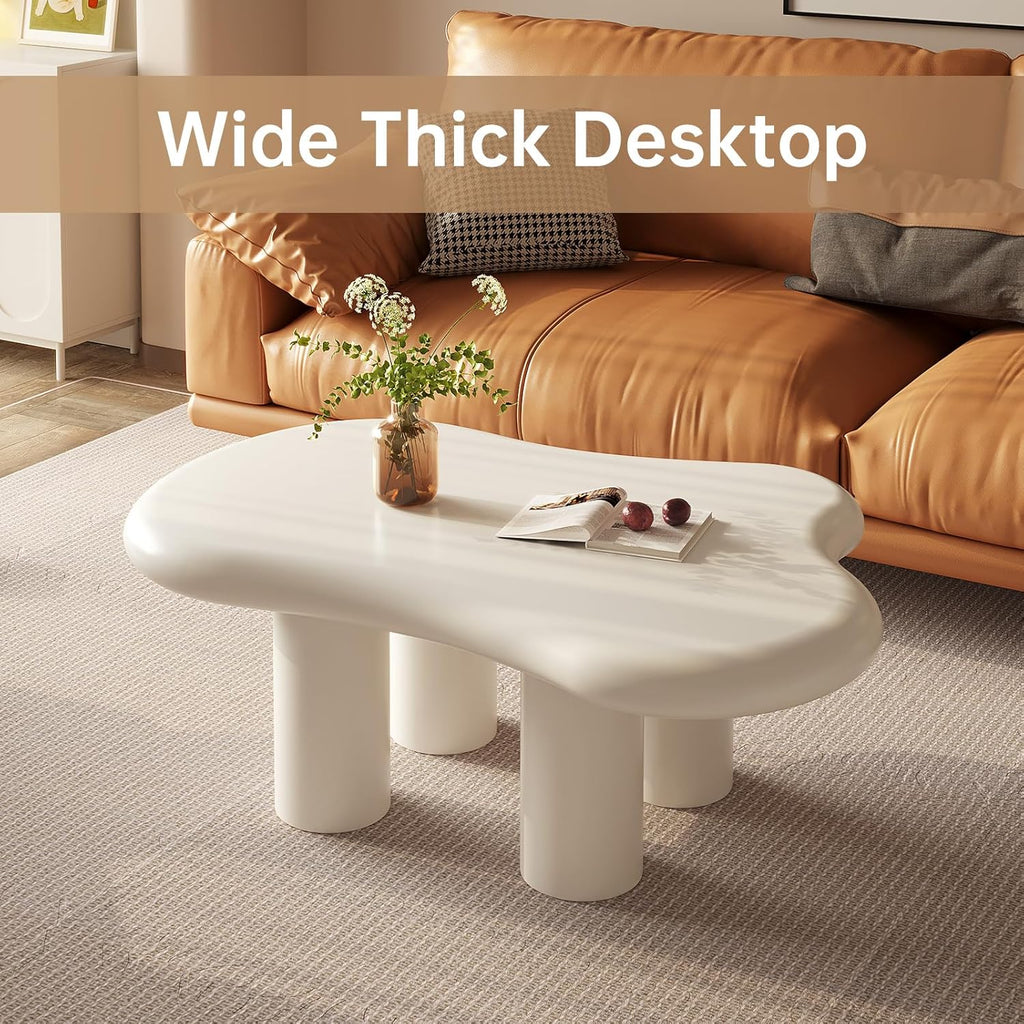 Guyii Cloud-Shaped Coffee Table, Modern Sofa Table with 4 Legs, Cream White Center Table, Small Irregular Tea Table for Living Room, Easy Assembly (White)