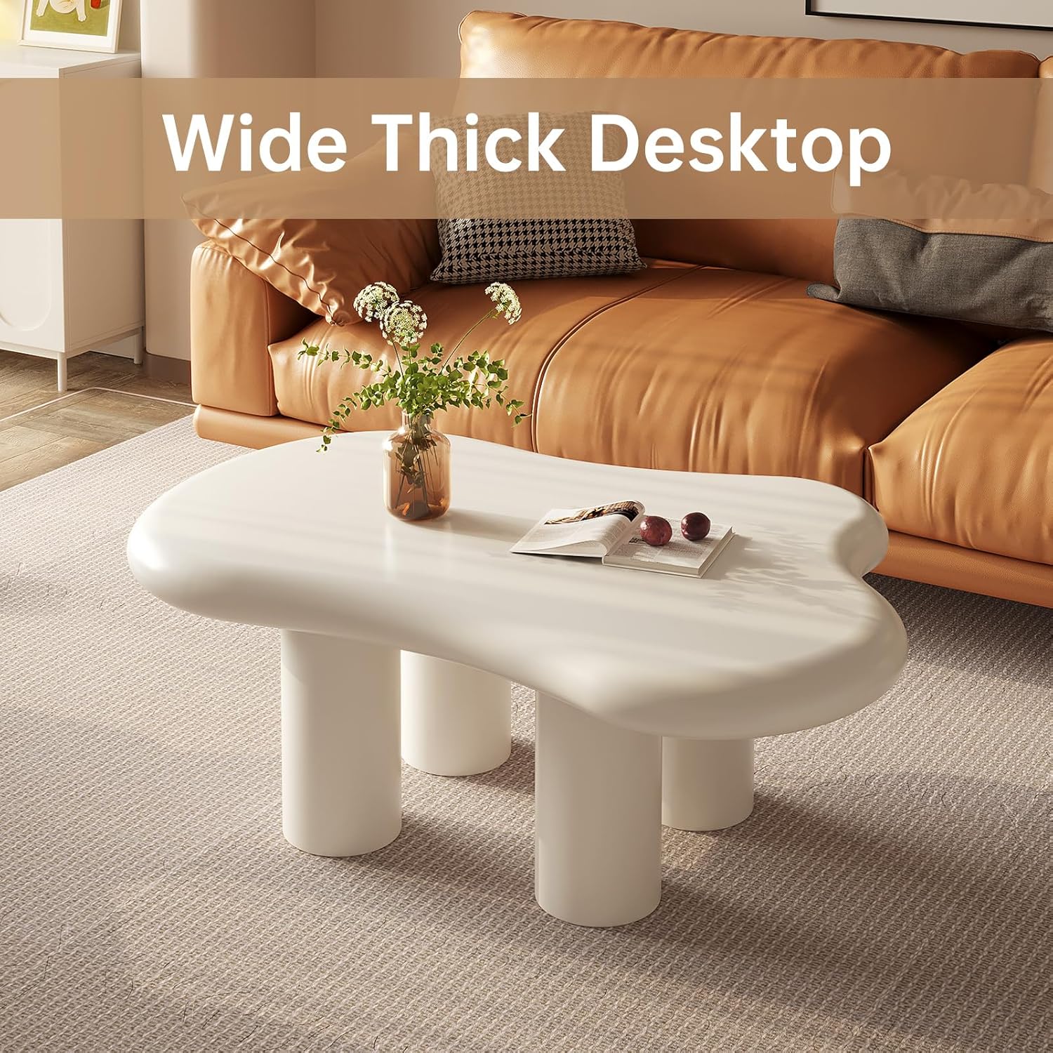 Guyii Cloud-Shaped Coffee Table, Modern Sofa Table with 4 Legs, Cream White Center Table, Small Irregular Tea Table for Living Room, Easy Assembly (White)