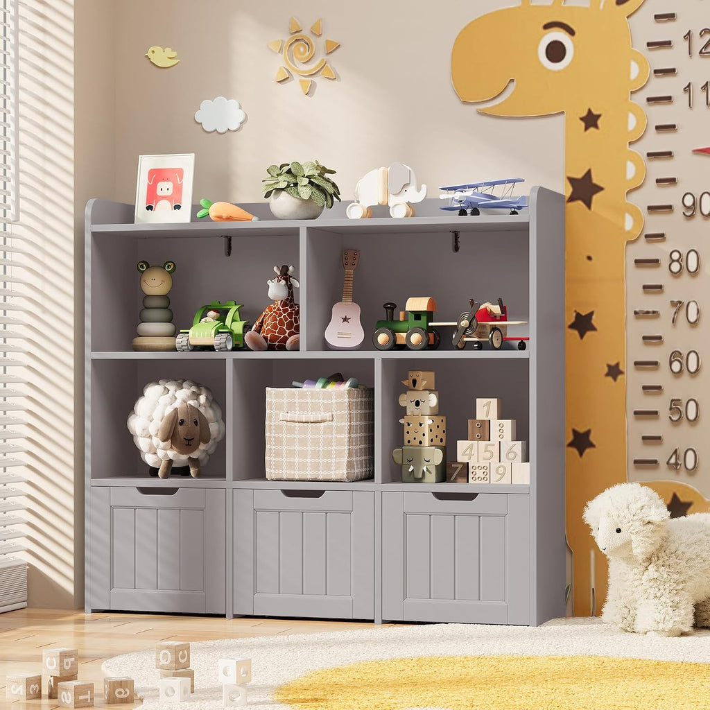 Gizoon Toy Storage Organizer with 3 Movable Drawers and 6 Open Shelves Kids Bookshelf Featuring Fall Prevention Barrier for Playroom Nursery Kids Room Organization, Gray, Painted