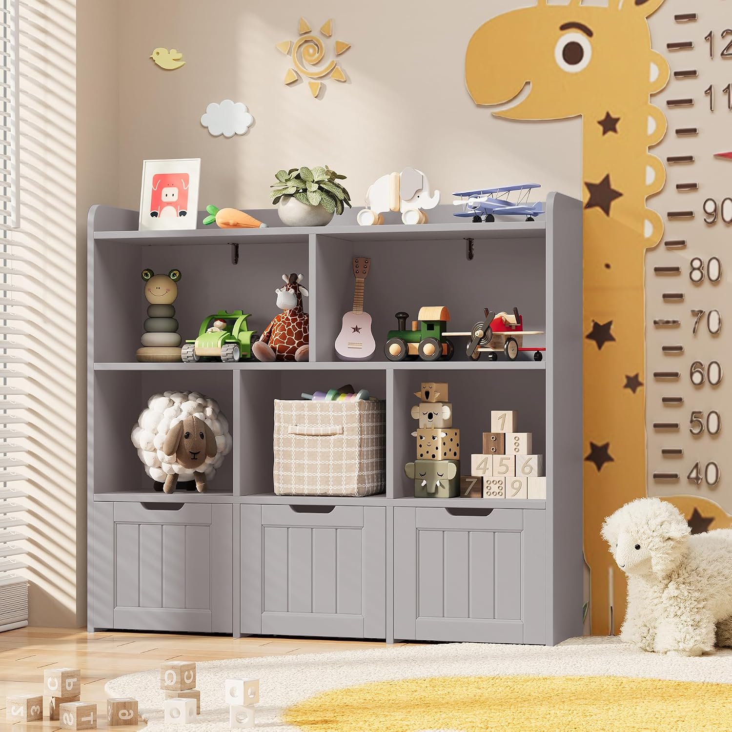 Gizoon Toy Storage Organizer with 3 Movable Drawers and 6 Open Shelves Kids Bookshelf Featuring Fall Prevention Barrier for Playroom Nursery Kids Room Organization, Gray, Painted