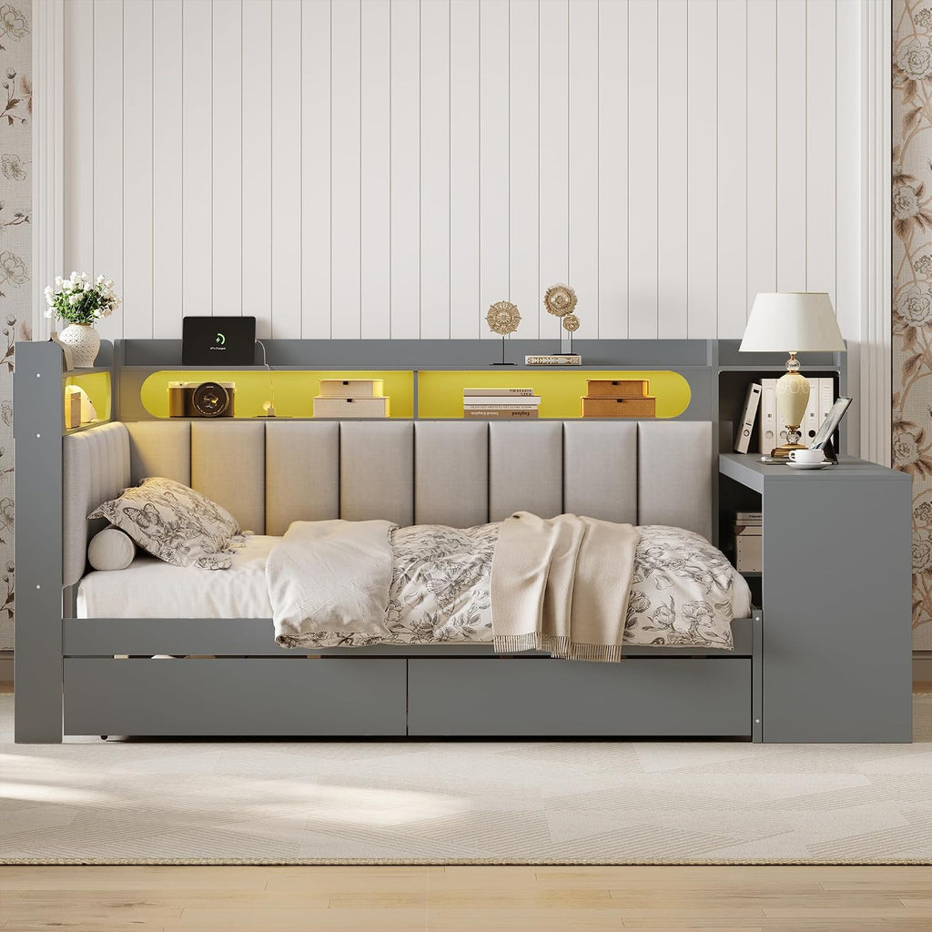 SOFTSEA Full Size Corner Bed with Desk, Drawers, L-Shaped Daybed with LED Lights, USB Ports & Upholstered Headboard, Full Corner Daybed Frame with Desk for Kids Teens, Gray