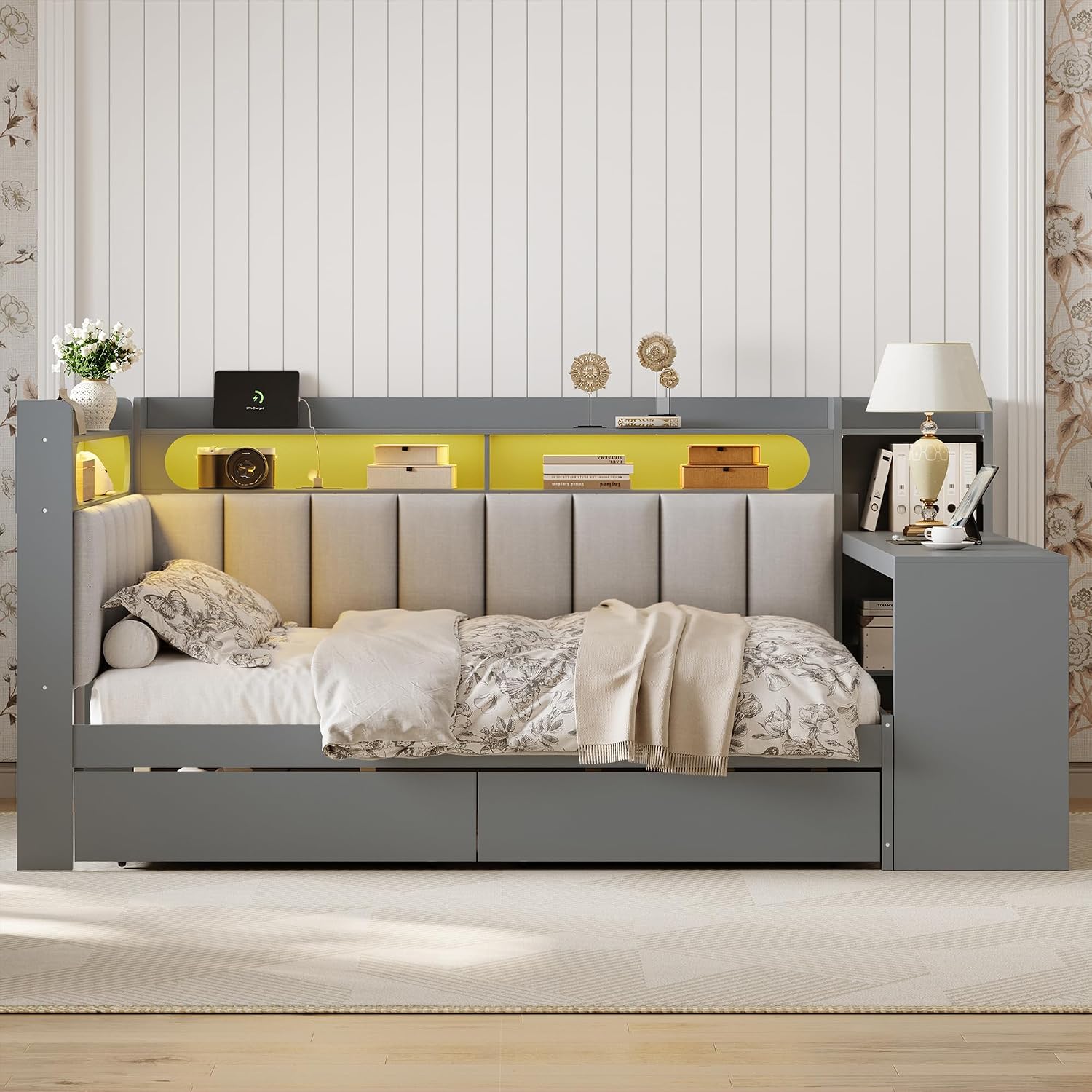 SOFTSEA Full Size Corner Bed with Desk, Drawers, L-Shaped Daybed with LED Lights, USB Ports & Upholstered Headboard, Full Corner Daybed Frame with Desk for Kids Teens, Gray