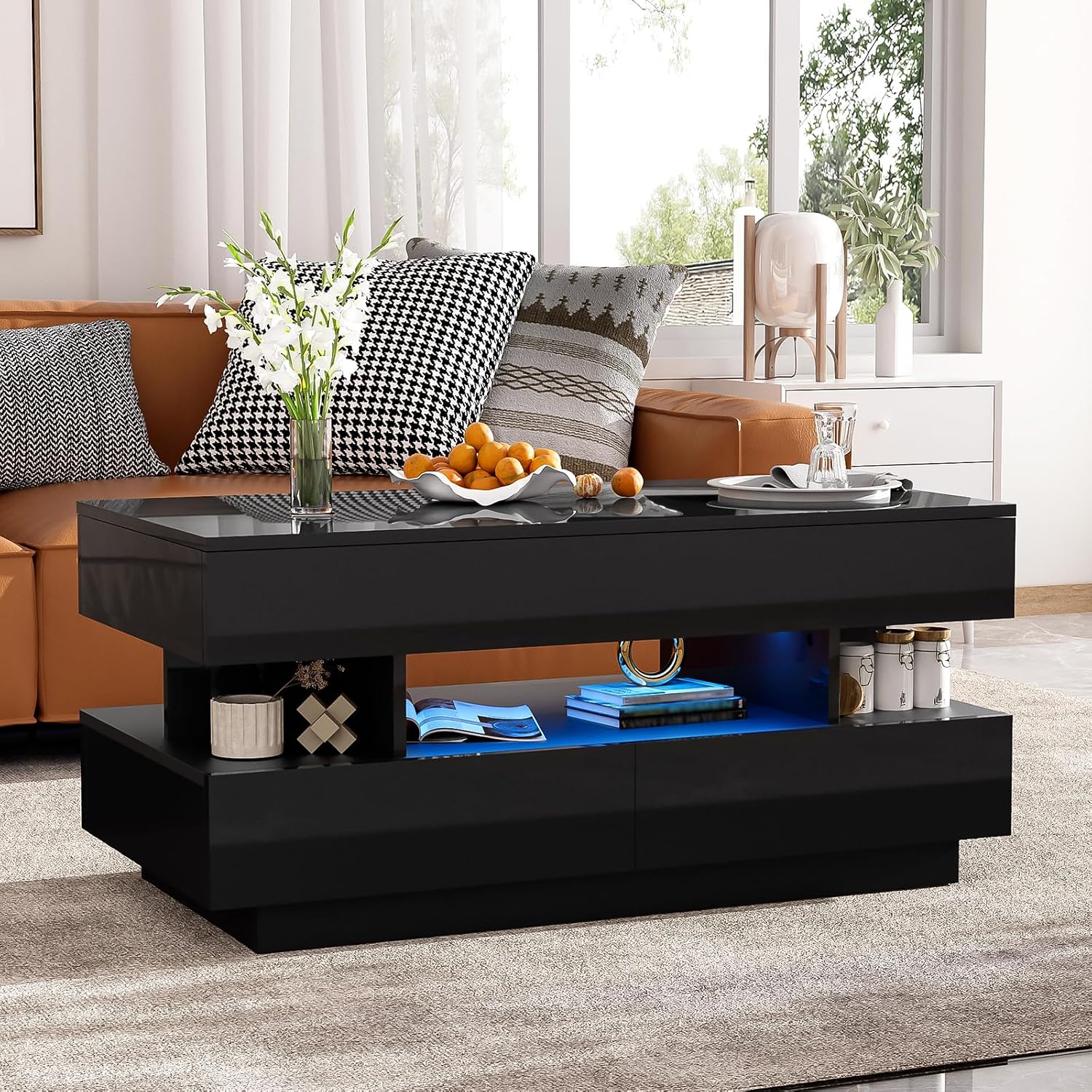 Lift Top Coffee Table, Modern Coffee Table with Hidden Compartment and Ajustable LED Light, Lift Tabletop Dining Center Table with 2 Storage Drawers for Living Room, Office (Black)