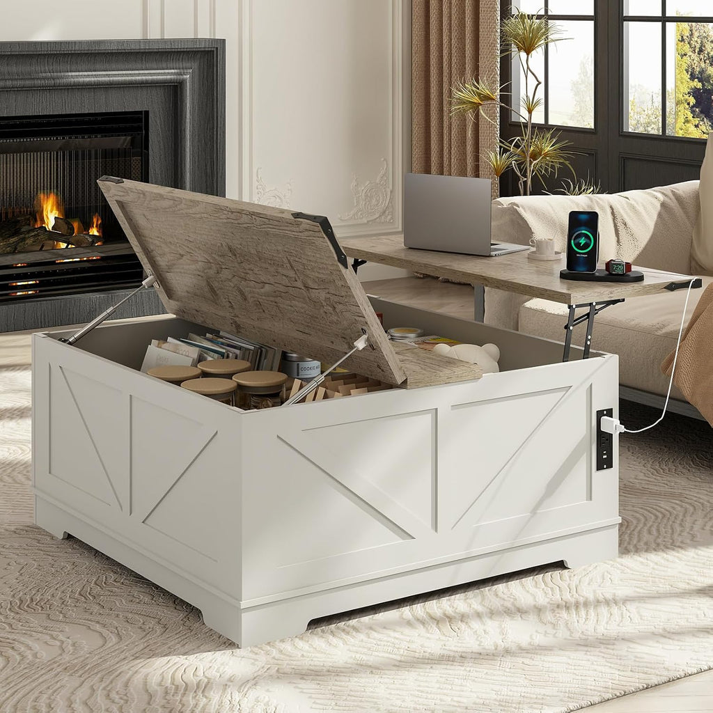 EAG 40' Large Farmhouse Lift Top Coffee Table with Hidden Compartment & Power Outlets, Square Wooden Coffee Table with Multi-Function Flip-Top Ample Storage Center Table for Living Room, White