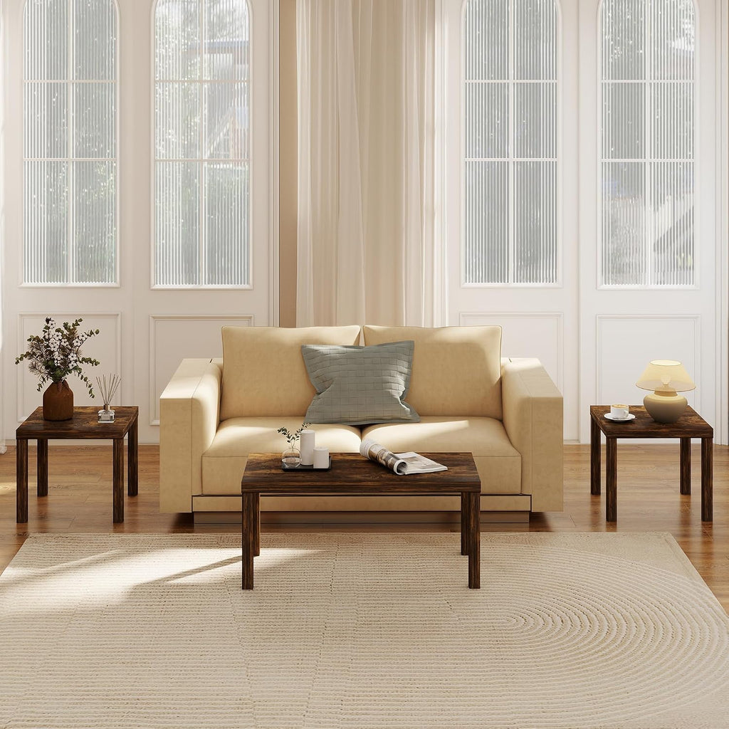 Modern Coffee Table Set of 3, Rectangle Coffee Table with End Tables Thick Frame Living Room Table Sets for Small Spaces