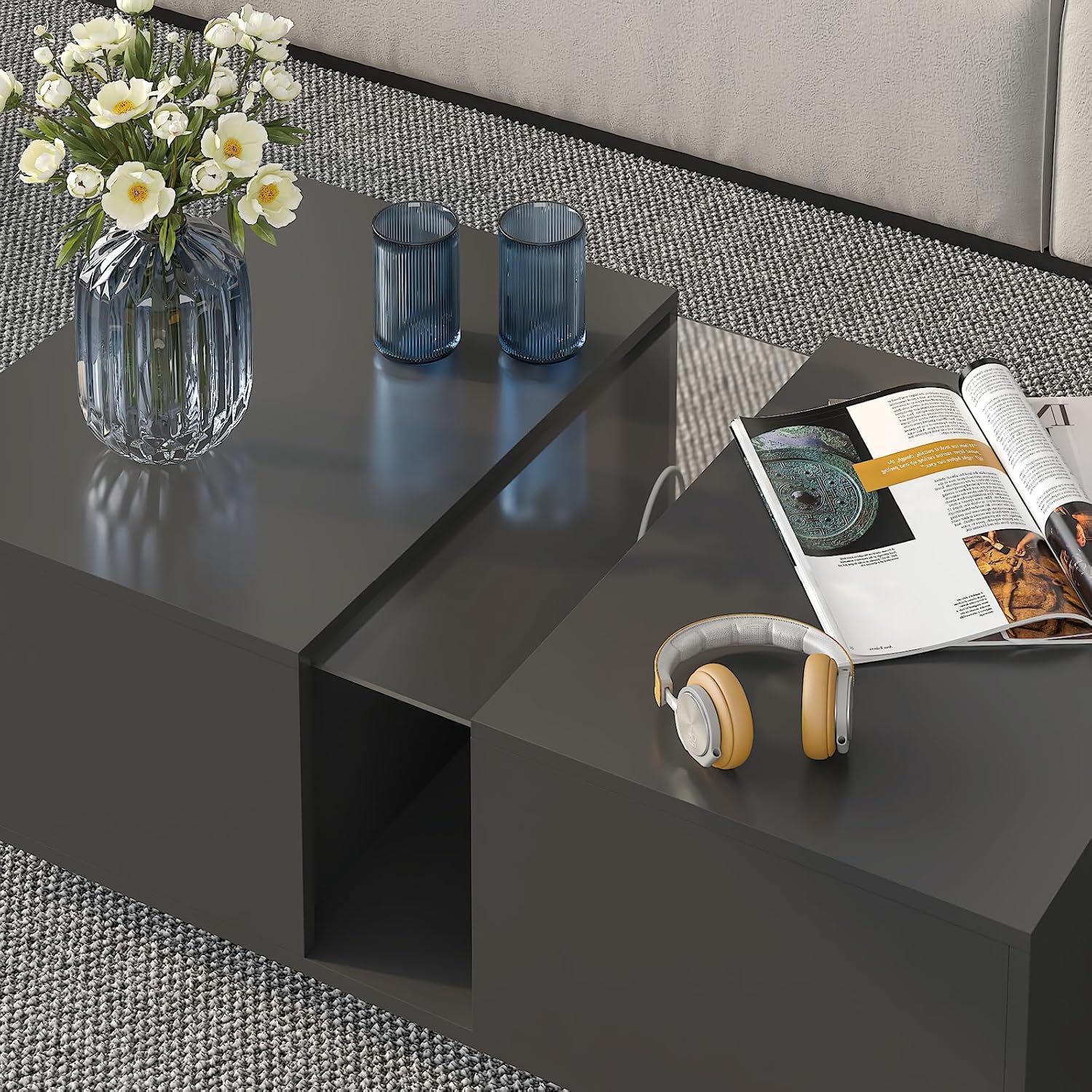 HedoAjim Black Led Coffee Table for Living Room, Rectangular Living Room Table with Storage, Acrylic Coffee Tables with 2 Sliding Drawers, Wood Center Table for Reception Dinning Room
