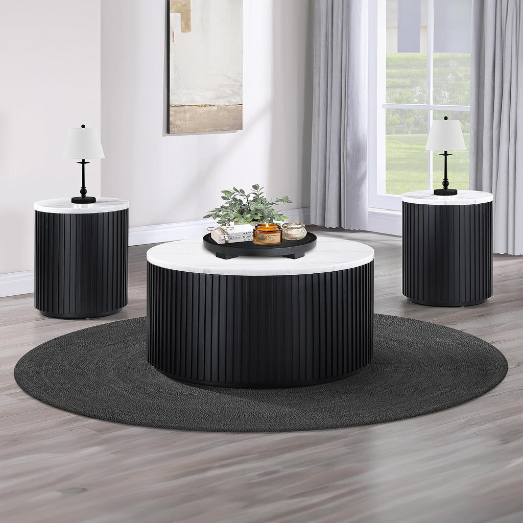 Steve Silver Furniture Colvin White Marble Cocktail Table, Contemporary/Modern Design, 36' Round Table, Coffee Table, Living Room Centerpiece, Wooden Drum Base, 36' W x 36' L x 19' H, Black, White
