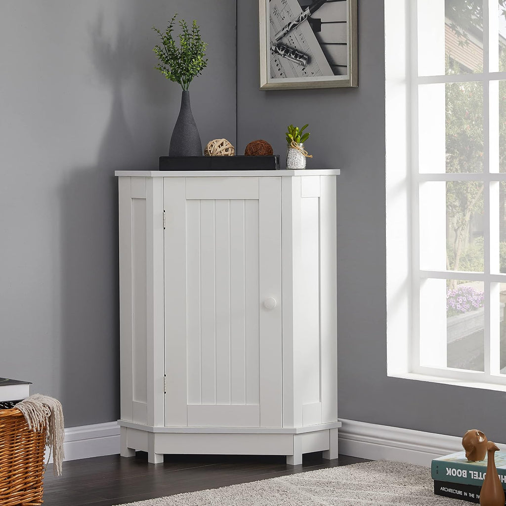Home Corner Storage Cabinet, Bathroom Triangle Floor Cabinet, Wood Freestanding Corner Cabinet with Single Door and Shelves (White)