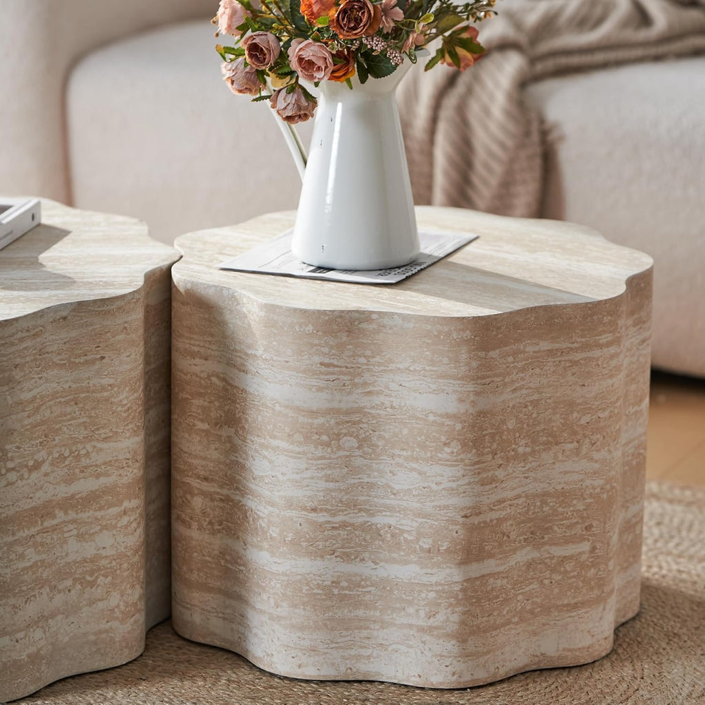 Round Coffee Tables Set of 2 for Living Room,Faux Mars Pattern Modern Minimalist Side Accent End Table for Apartment,Office(Beige Brown,26.7' & 23.6')