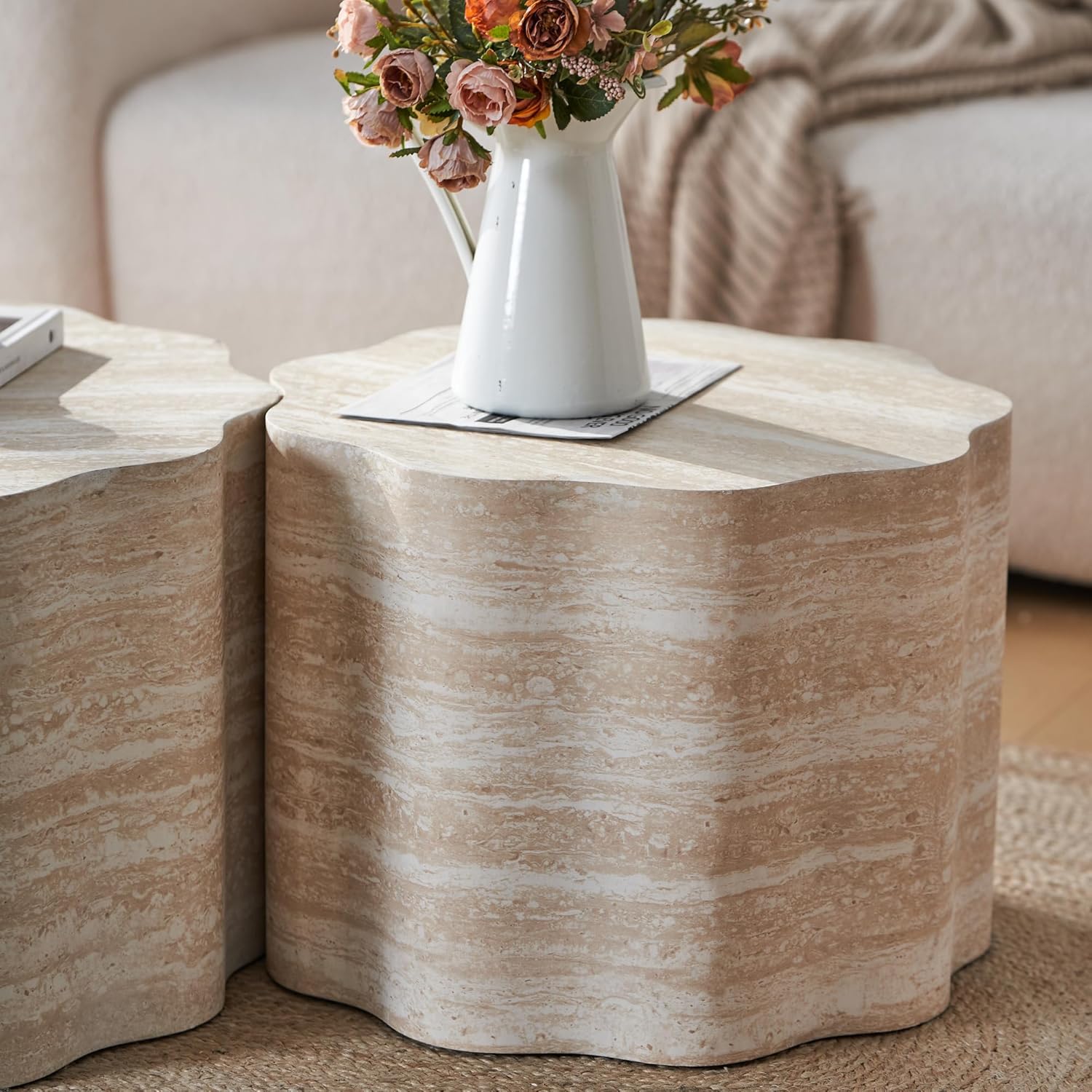 Round Coffee Tables Set of 2 for Living Room,Faux Mars Pattern Modern Minimalist Side Accent End Table for Apartment,Office(Beige Brown,26.7' & 23.6')