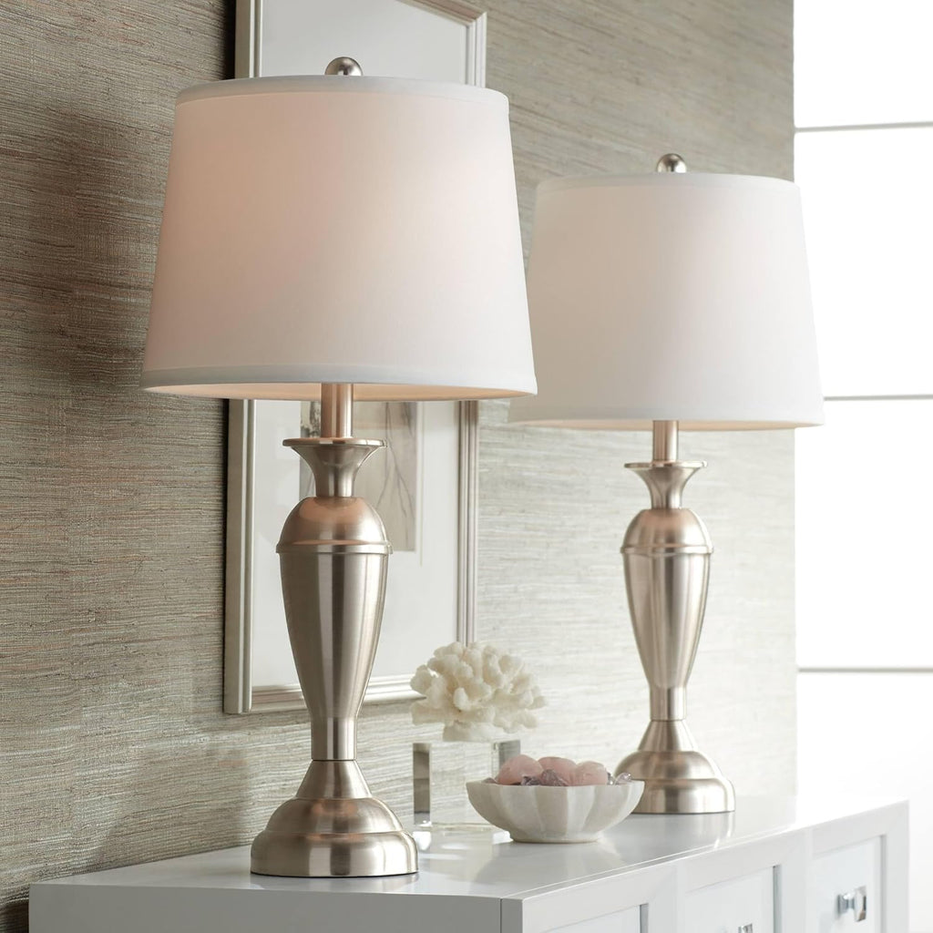 Regency Hill Blair Traditional 3-Way Table Lamps 25' Tall Set of 2 with Dimmers Brushed Nickel Metal Candlestick White Fabric Drum Shade for Bedroom Living Room House Bedside