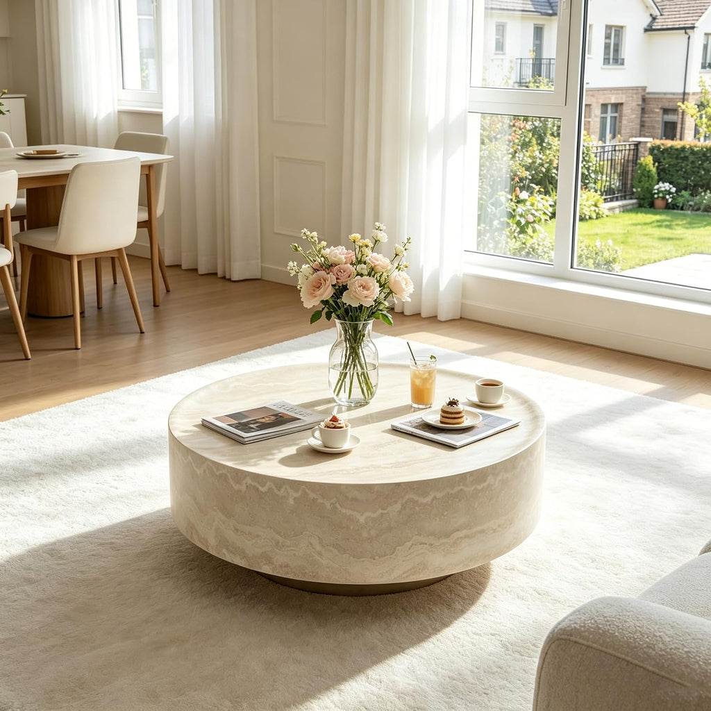 Faux Marble Round Coffee Table, 31.5' Luxury Circle Coffee Table, Drum Stone Center Table, Beige End Table, Minimalist Sofa Accent Table for Living Room Apartment Office