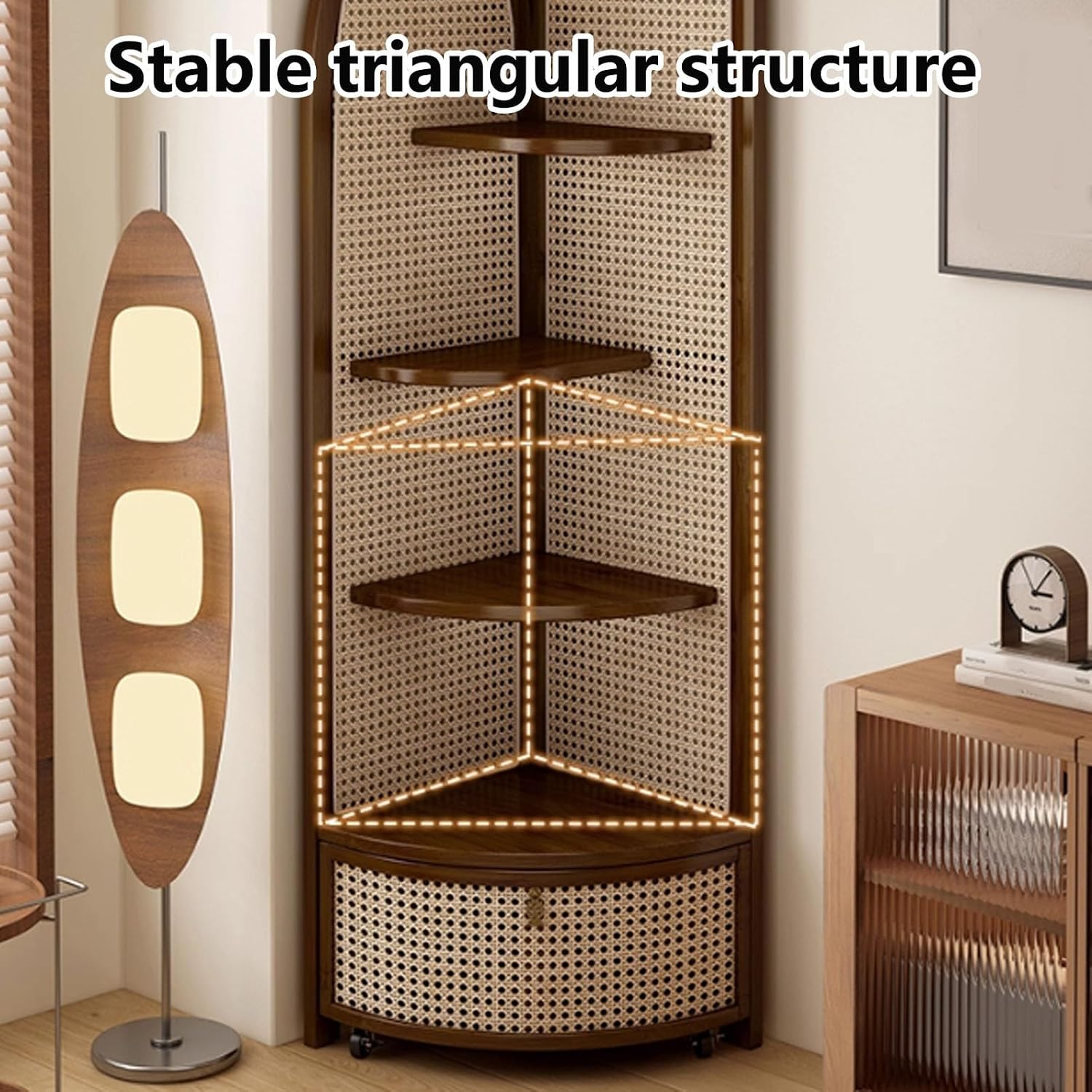 5-Tier Corner Shelf, Multi-Functional Rattan Triangle Bookshelf with Storage Basket, Solid Wood Floor Standing Cabinet for Living Room, Bedroom, Office(Black)