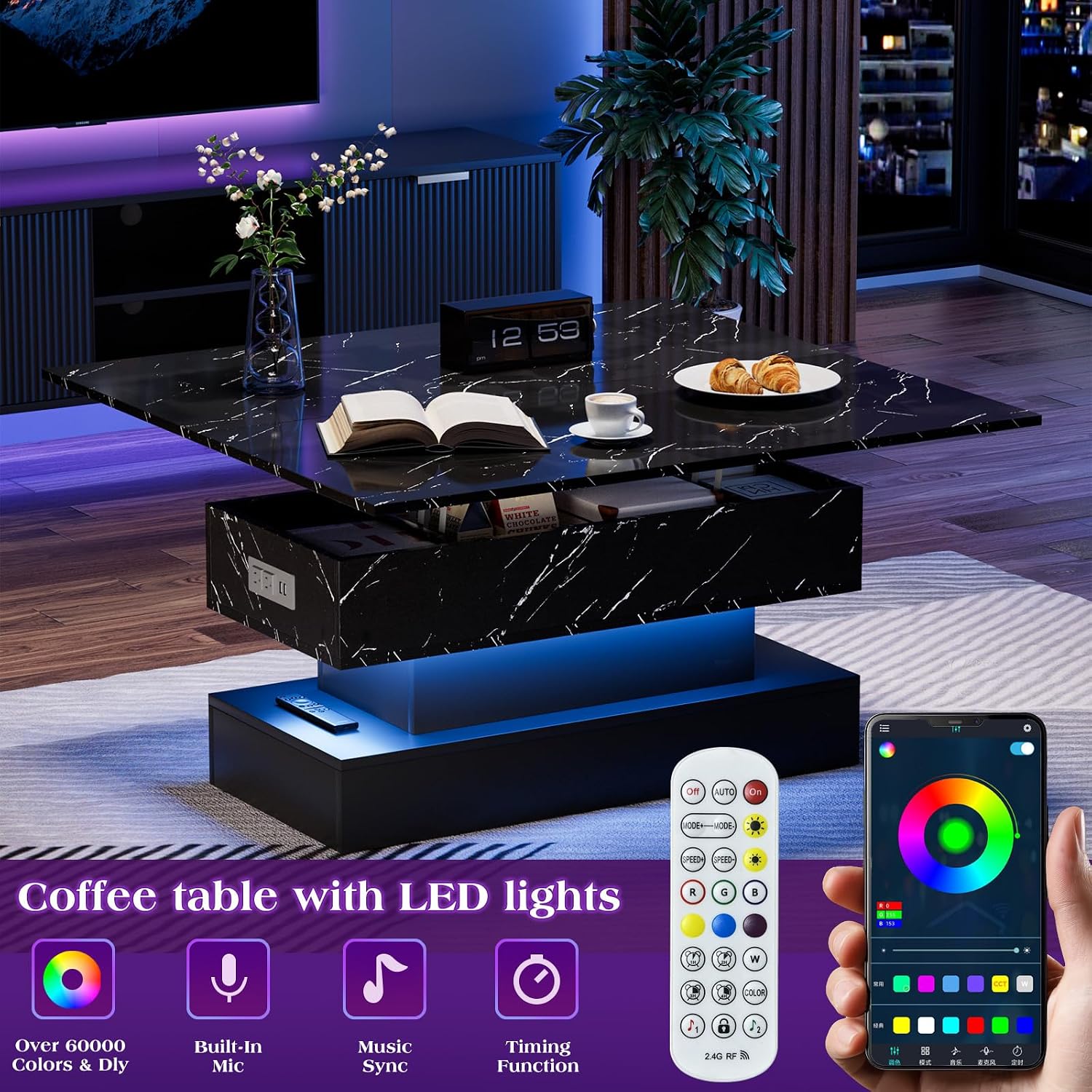 SYESWAY 39.4' Lift Top Coffee Table with Charging Station, 4-in-1 Multifunctional Coffee Table with Storage & Hidden Compartments, High-Glossy Marbling Print LED Center Table for Living Room, Black