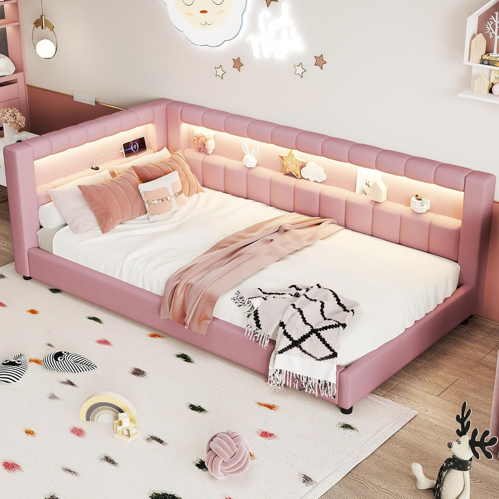 Upholstered Twin XL Size Daybed with LED and USB Ports, L-Shaped Corner Day Bed with Storage Shelves Headboard,Space Saving for Girls Adults Kids Boys, Pink