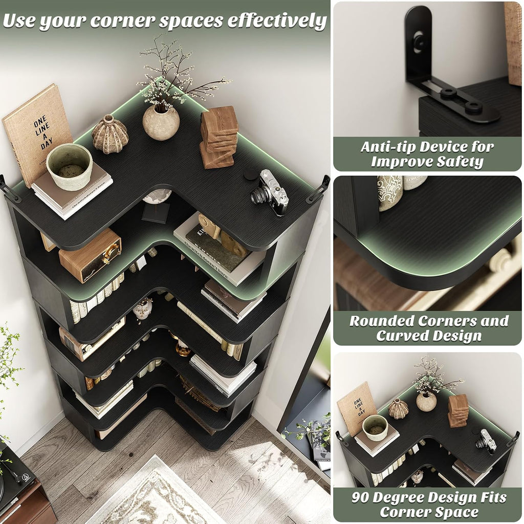 Armocity Corner Book Shelf - 7 Tier Corner Bookshelf Etagere Bookcase with Baffle, Freestanding L Shaped Display Shelf Stand for Home Office, Living Room, Bedroom, Kitchen, Black